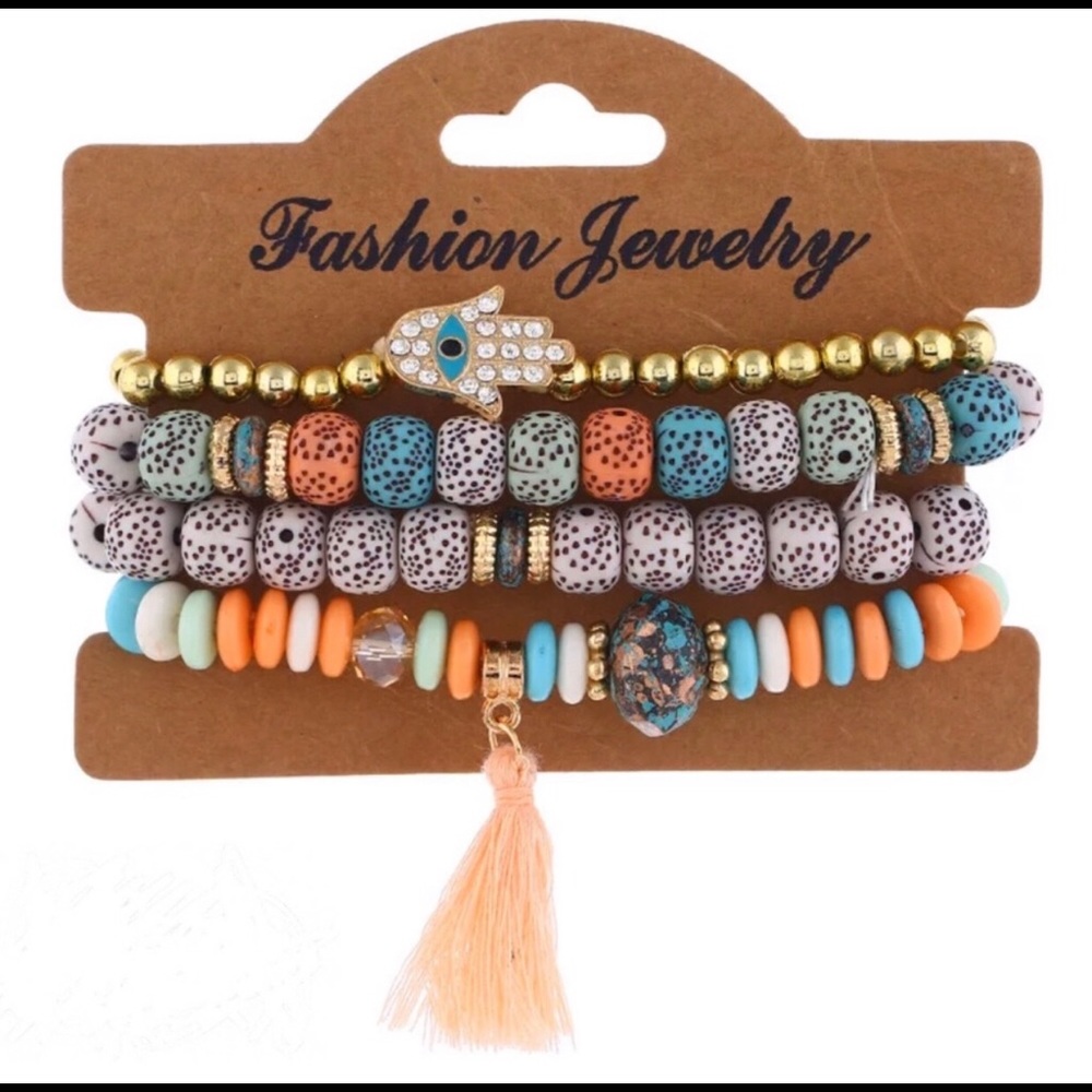 NEW 4 pc multi colored hamsa bead bracelet set - Picture 3 of 3